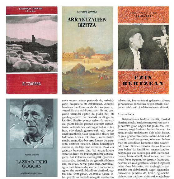 Antonio Zabalak sorturiko herri literaturari buruzko Auspoa saileko lau liburu. Ezkerretik eskuinera eta goitik behera: Eltzaorra (1985), Arrantzaleen bizitza (1978), Ezin bertzean (1969) eta Lazkao-txiki gogoan (1994).<br><br>